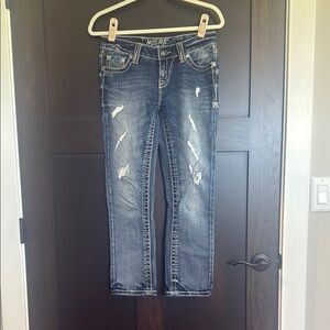 Miss Me Blue Ankle Cropped Jeans with Vintage Distressing